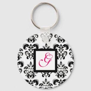 BLACK WHITE DAMASK SQUARE ROSA FUCHSIA MONOGRAM NYCKELRING