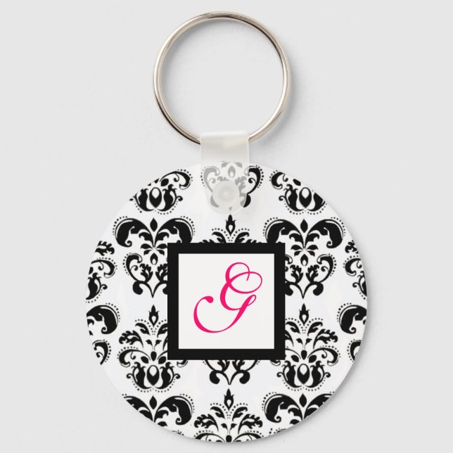BLACK WHITE DAMASK SQUARE ROSA FUCHSIA MONOGRAM NYCKELRING (Framsida)