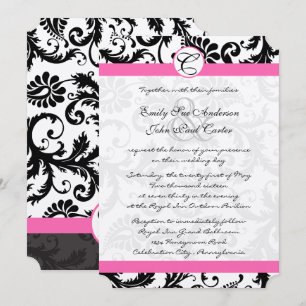 Black & White Damask Swirls Fuchsia Rosa Trim Inbjudningar