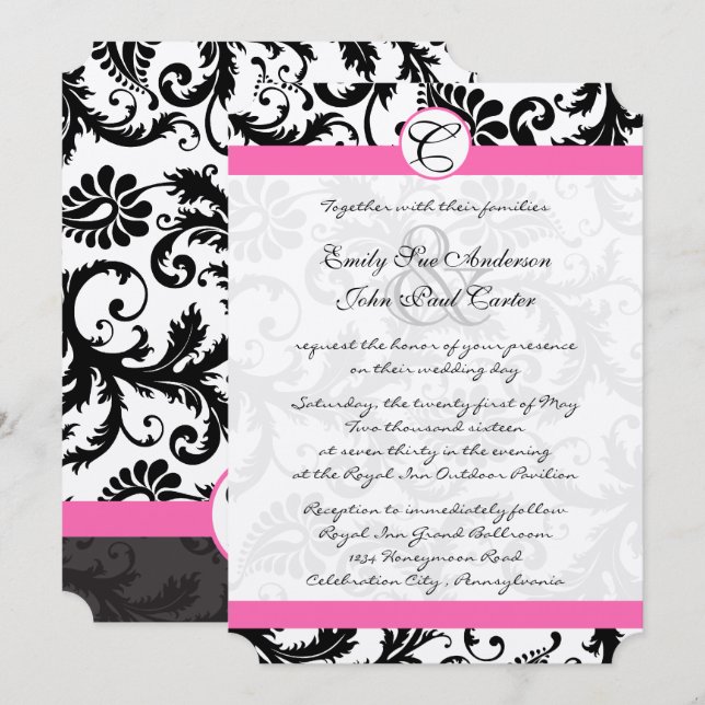 Black & White Damask Swirls Fuchsia Rosa Trim Inbjudningar (Fram/baksida)