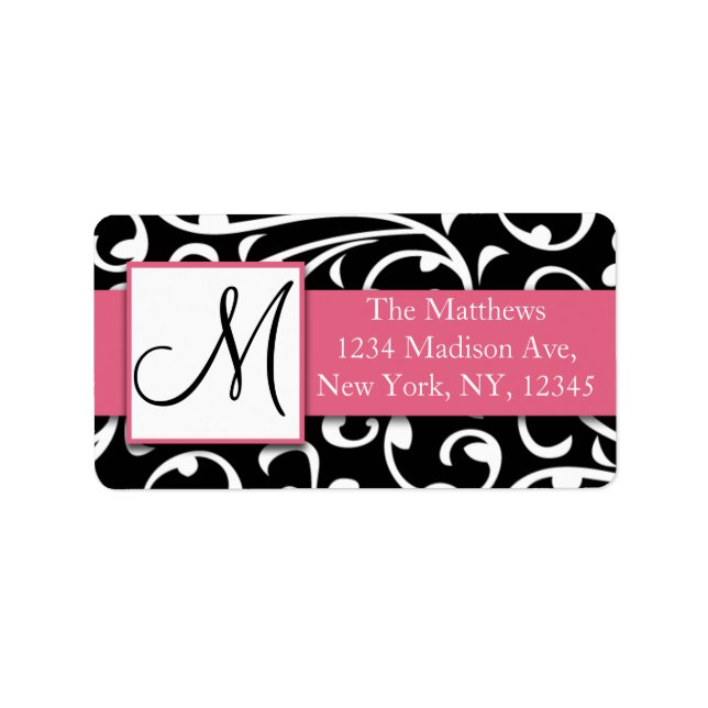Black White Damask Swirls Rosa Address Label Adressetikett (Framsidan)