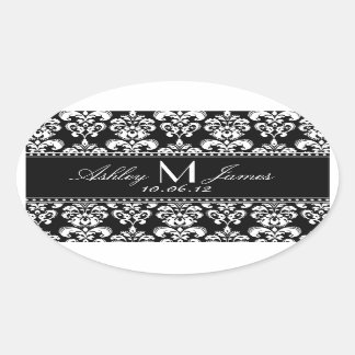 Black White Damask Wedding Vin-etikett Ovalt Klistermärke