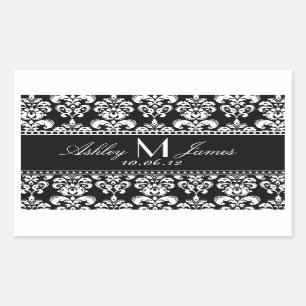 Black White Damask Wedding Vin-etikett Rektangulärt Klistermärke