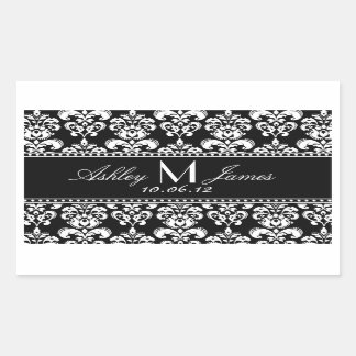 Black White Damask Wedding Vin-etikett Rektangulärt Klistermärke