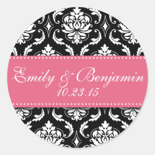 Black White Damask Wedor Favor Stickers Rosa Runt Klistermärke
