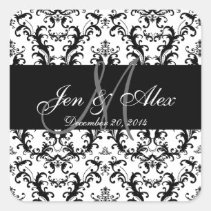 Black White Damask Wedor-favoritmärke Fyrkantigt Klistermärke