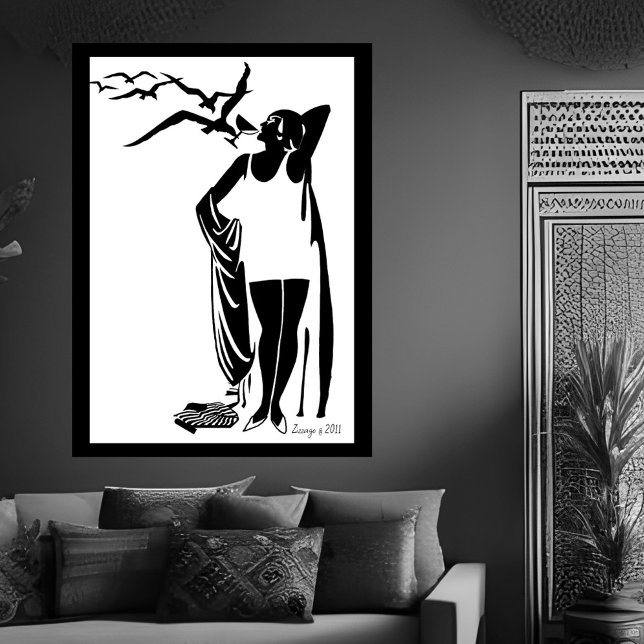 Black White Deco-kvinna-strumpchampagne Poster (Skapare uppladdad)