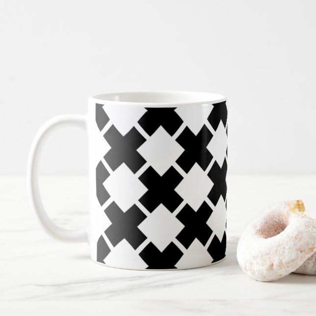 Black White Diagonal Rustic Linjer Mönster Kaffemugg (Med munk)