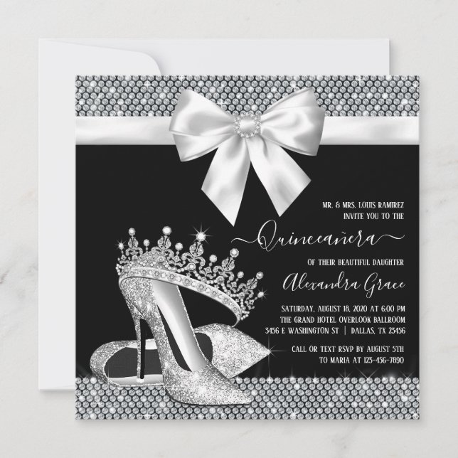 Black White Diamond Tiara Shoe Glam Quinceanera Inbjudningar (Framsida)