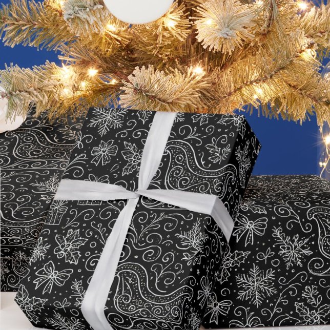 Black & White Doodle-julsleigh Mönster Presentpapper (Skapare uppladdad)