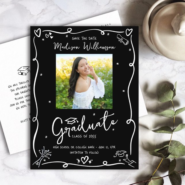 Black White Doodles Save the Date Graduation Photo Inbjudan Vykort (Skapare uppladdad)