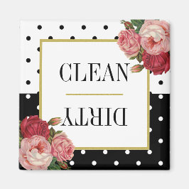 Black White Dots Blommigt Clean Dirty Dishwasher Magnet
