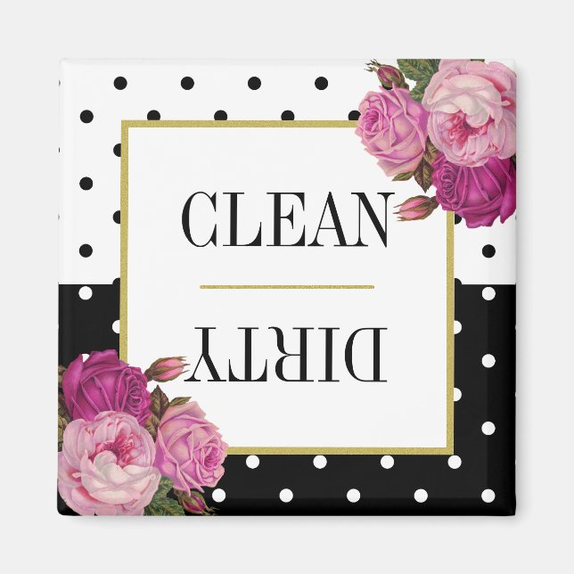 Black White Dots Blommigt Clean Dirty Dishwasher Magnet (Framsidan)