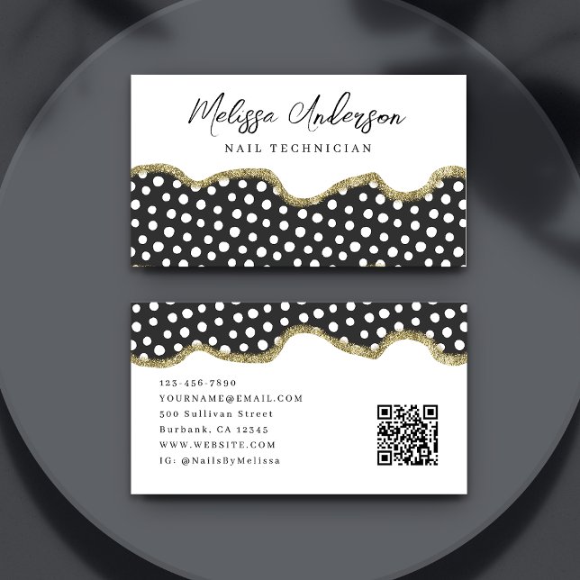 Black White Dotty Guld Glitter Preppy QR-kod Visitkort (Skapare uppladdad)