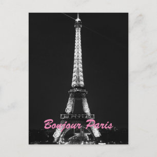 Black White Eiffel Torn Bonjour Paris Night Vykort