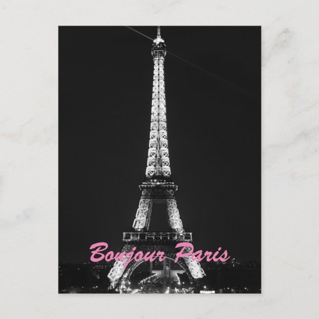 Black White Eiffel Torn Bonjour Paris Night Vykort (Framsida)