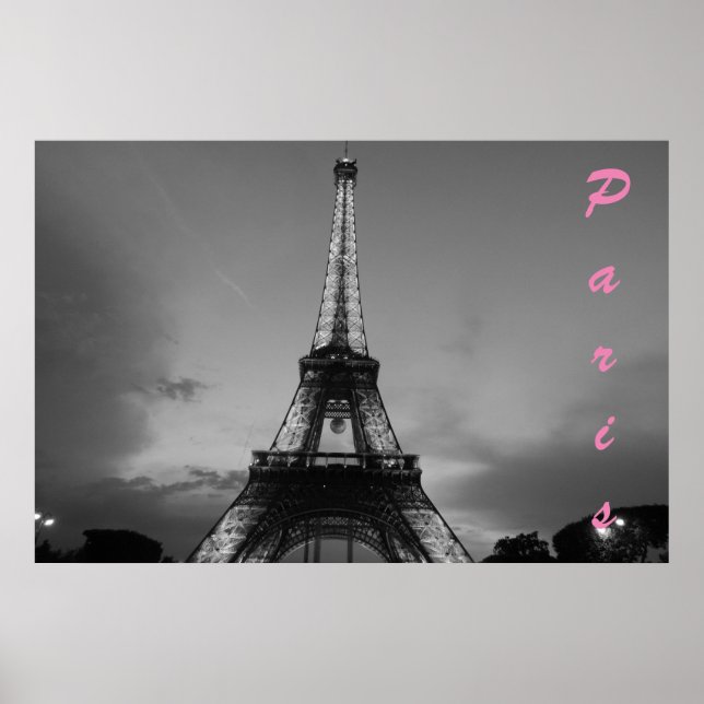 Black & White Eiffel Torn i Paris-natten Poster (Framsidan)