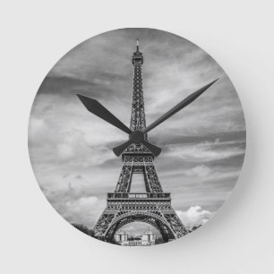 Black & White Eiffel Torn Paris Frankrike Rund Klocka