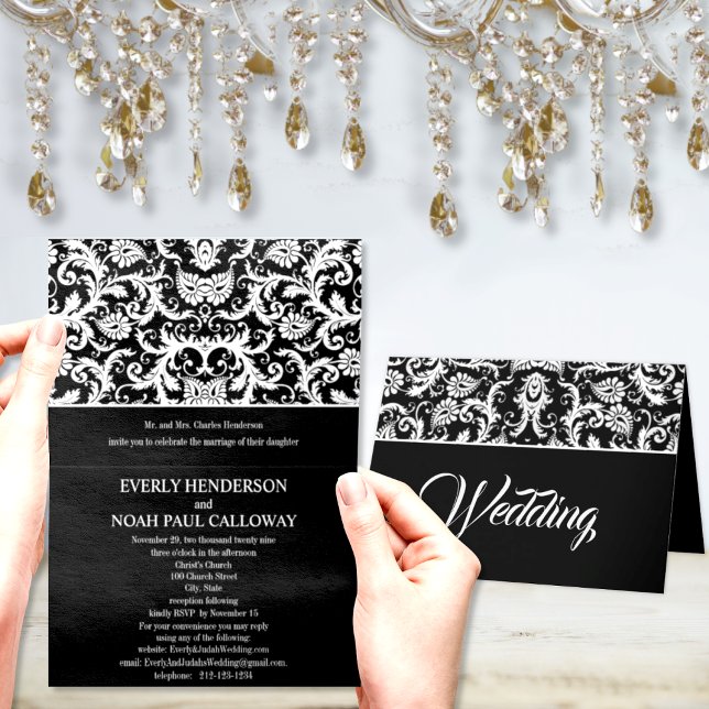 Black & White Elegance Victorian Damask Wedding Inbjudan (Skapare uppladdad)