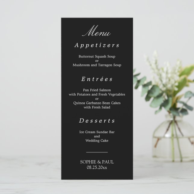 Black White Elegant bröllop Menu Meny (Stående Fram)