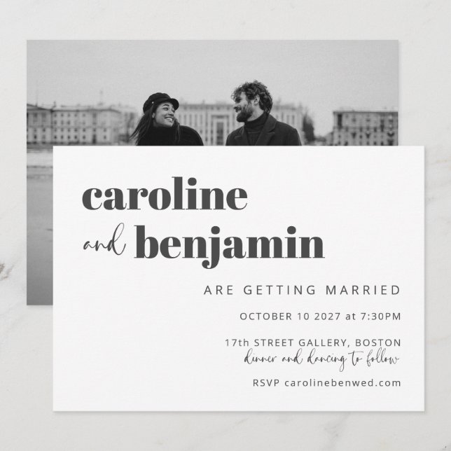 Black White Elegant Modern Chic Photo Bröllop Inbjudningar (Fram/baksida)