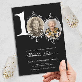 Black White Elegant Photo 100 Birthday Inbjudningar