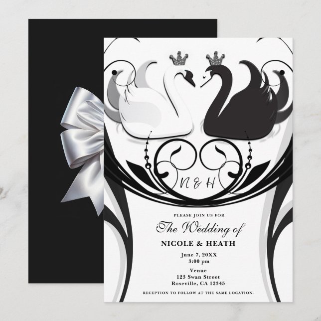 Black & White Elegant Svan Princess Bröllop Inbjudningar (Fram/baksida)
