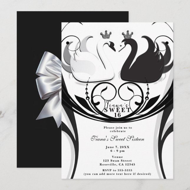 Black & White Elegant Svan Princess Sweet 16 Party Inbjudningar (Fram/baksida)