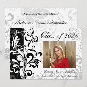 Black White Elegant Swirl Photo 2025 Studenten Inbjudningar