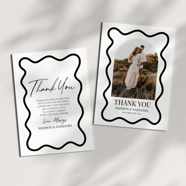 Black White Elegant Wavy Border Photo Wedding Tack Kort (Skapare uppladdad)