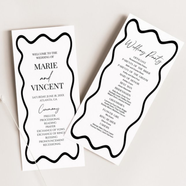 Black White Elegant Wavy Border Wedding Program (Skapare uppladdad)