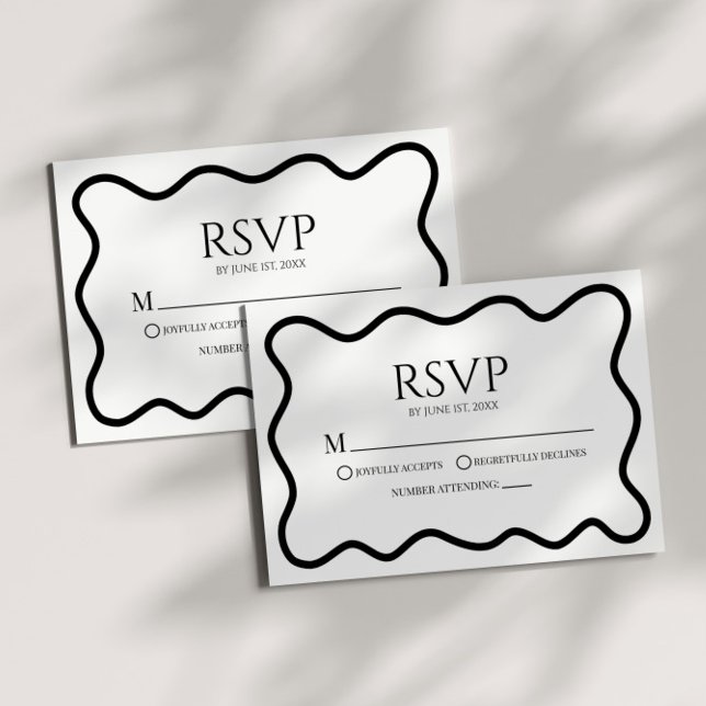 Black White Elegant Wavy Border Wedding RSVP Card OSA Kort (Skapare uppladdad)