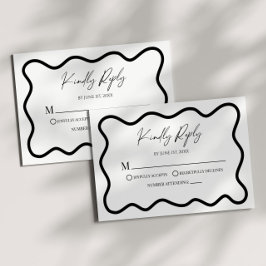 Black White Elegant Wavy Border Wedding RSVP Card OSA Kort
