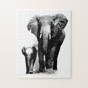 Black & White Elephant & Baby - Animals Art Pussel