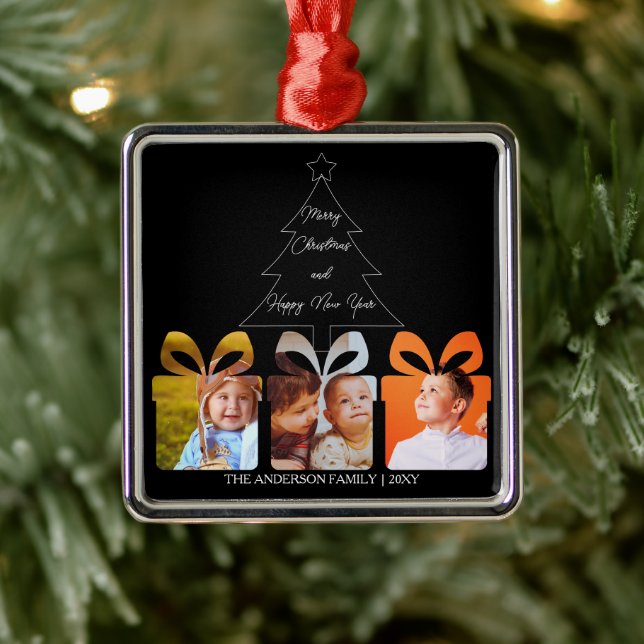 Black White Family Photo Minimalist Christmas Tree Julgransprydnad Metall (Träd)