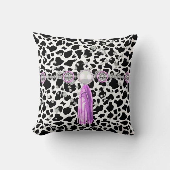 Black & White Faux Animal Print JewelsPurpleTassel Kudde (Framsida)