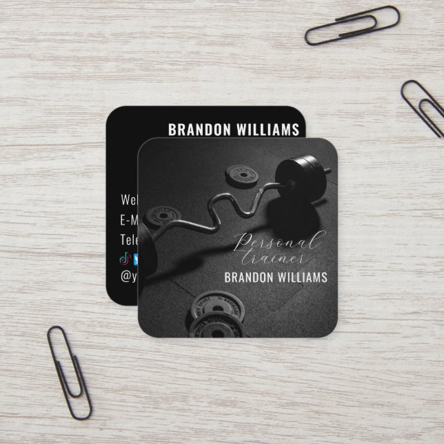 Black White Fitness Personal Trainer Influencer Fyrkantigt Visitkort (Fram/Back In Situ)