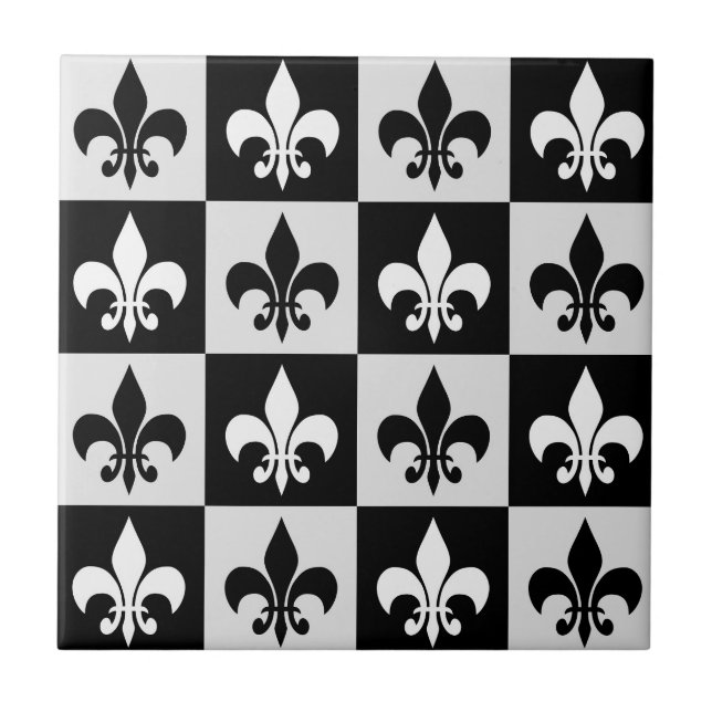 Black White Fleur-De-Lis Mönster Kakelplatta (Framsidan)