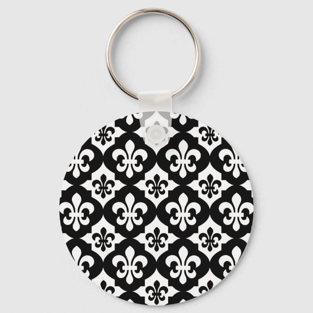 Black White Fleur De Lis Mönster Nyckelring (Framsida)