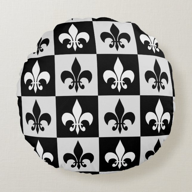 Black White Fleur-De-Lis Mönster Rund Kudde (Framsidan)