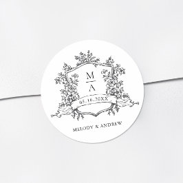 Black & White Floral Crest Monograms Wedding Runt Klistermärke