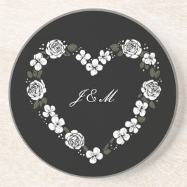 Black & White Floral Heart  Sandstone Coaster Underlägg