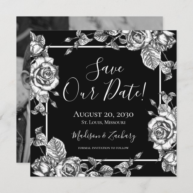 Black White Floral Photo Save Date Inbjudningar (Fram/baksida)