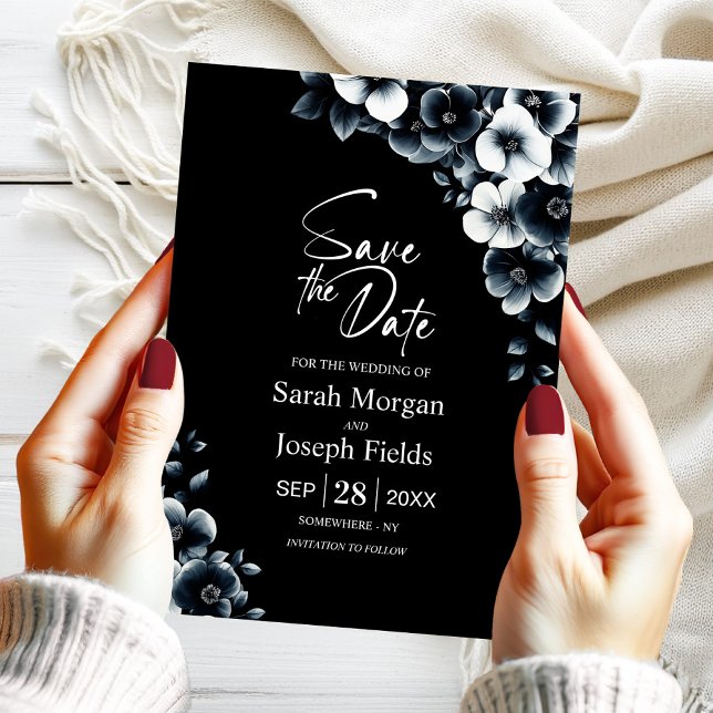Black White Floral Save the Date Inbjudningar (Skapare uppladdad)