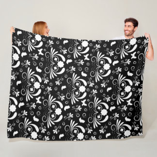 Black White Floral Swirl Butterfly Pattern Fleecefilt