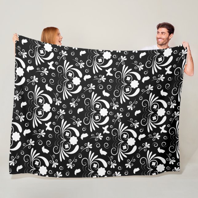 Black White Floral Swirl Butterfly Pattern Fleecefilt (På plats)