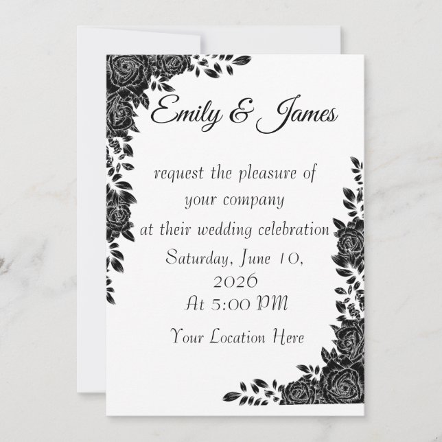 “Black & White Floral Wedding Invitation Inbjudningar (Framsida)