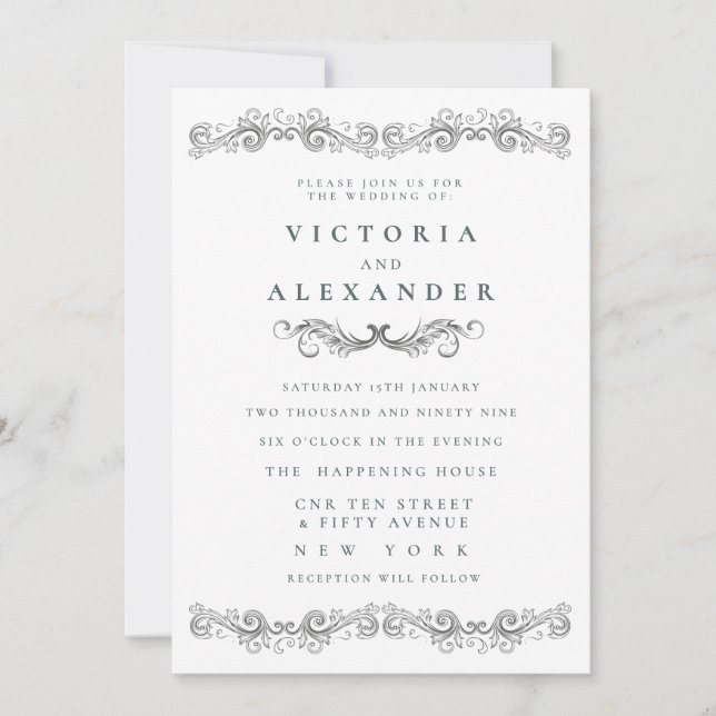 Black White Flourish Elegant Any Time Wedding Inbjudningar (Framsida)
