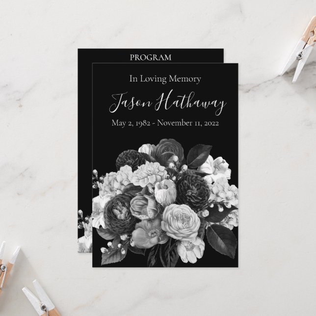 Black & White Flower Funeral Program (ingen bild) (Fram/Back In Situ)