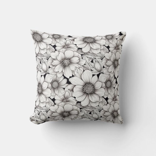 Black White Flowers Neutralt Garden Botanical Kudde (Framsida)